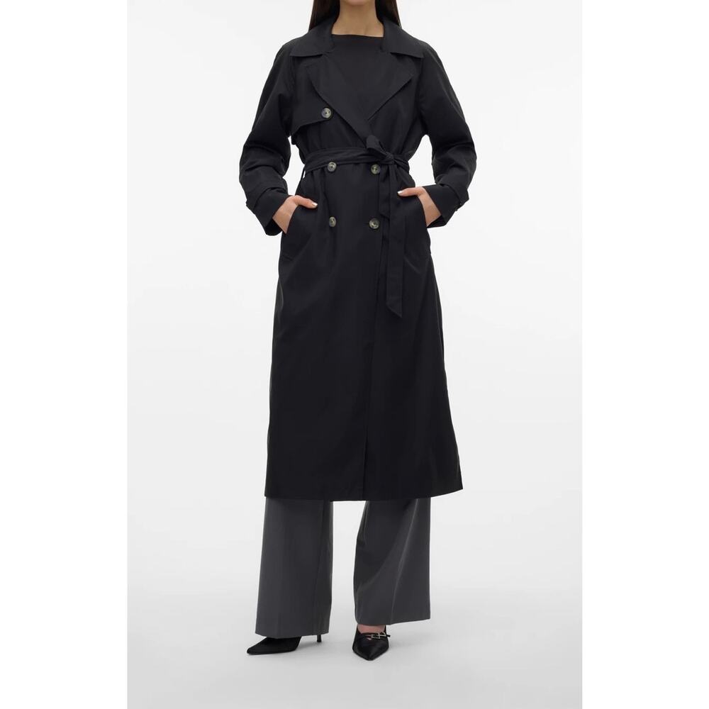 Vero Moda Black Long Trench Coat Double Breasted Belted NWT - Picture 3 of 10